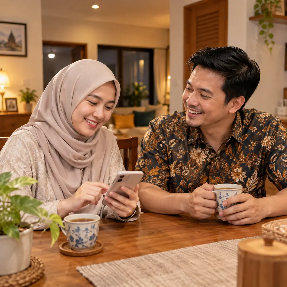 Istri mencatat belanja di HP sementara suami menemani sambil minum teh